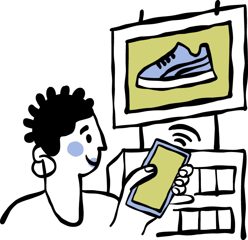 A person shopping for sneakers, looking at their phone with a display of shoes on a billboard in front of them.