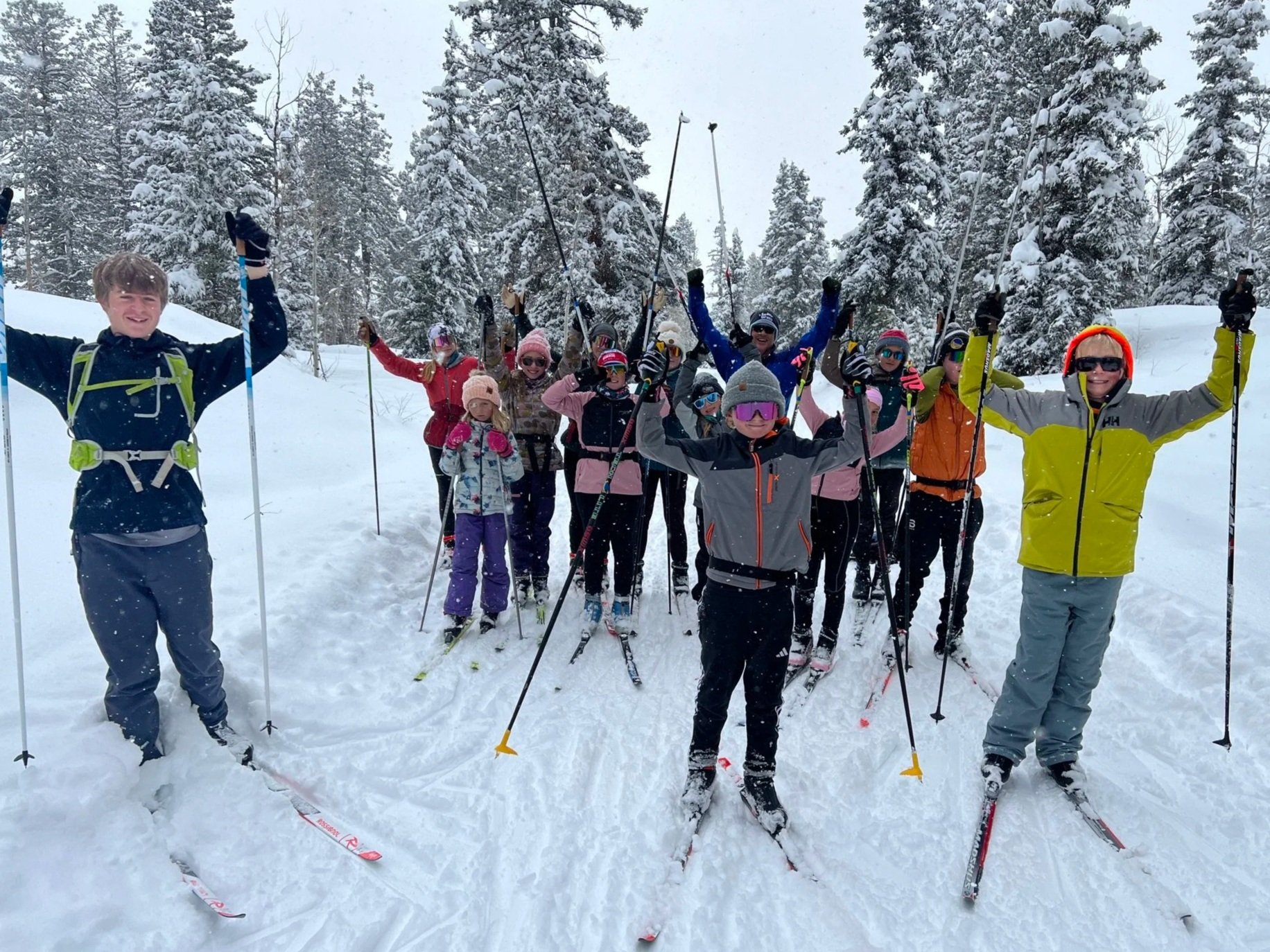 Group of young skiers in a row with a mountain backdrop.