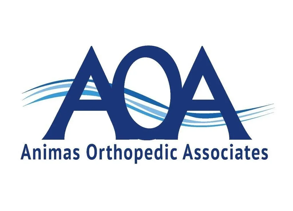 Logo of Animas Orthopedic Associates featuring stylized blue letters 'AOA' with blue waves and the text 'Animas Orthopedic Associates' below.
