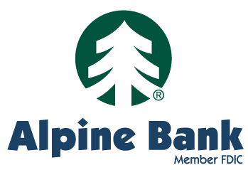 Alpine Bank logo featuring a stylized pine tree and the text 'Alpine Bank Member FDIC'.