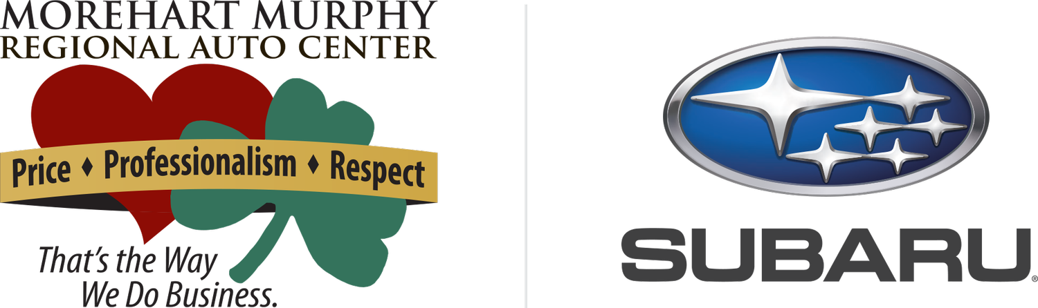 Split image with Morehart Murphy Regional Auto Center logo on the left featuring a red heart, green shamrock, and a yellow banner with the words 'Price,' 'Professionalism,' and 'Respect.' On the right, Subaru logo with the word 'Subaru' beneath it.