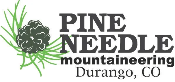 Logo for Pine Needle Mountaineering in Durango, Colorado, featuring a pine cone and green pine needles.