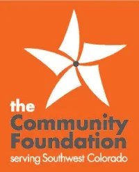 Logo of the Community Foundation, featuring an orange background with a white stylized flower and text 'the Community Foundation serving Southwest Colorado'.