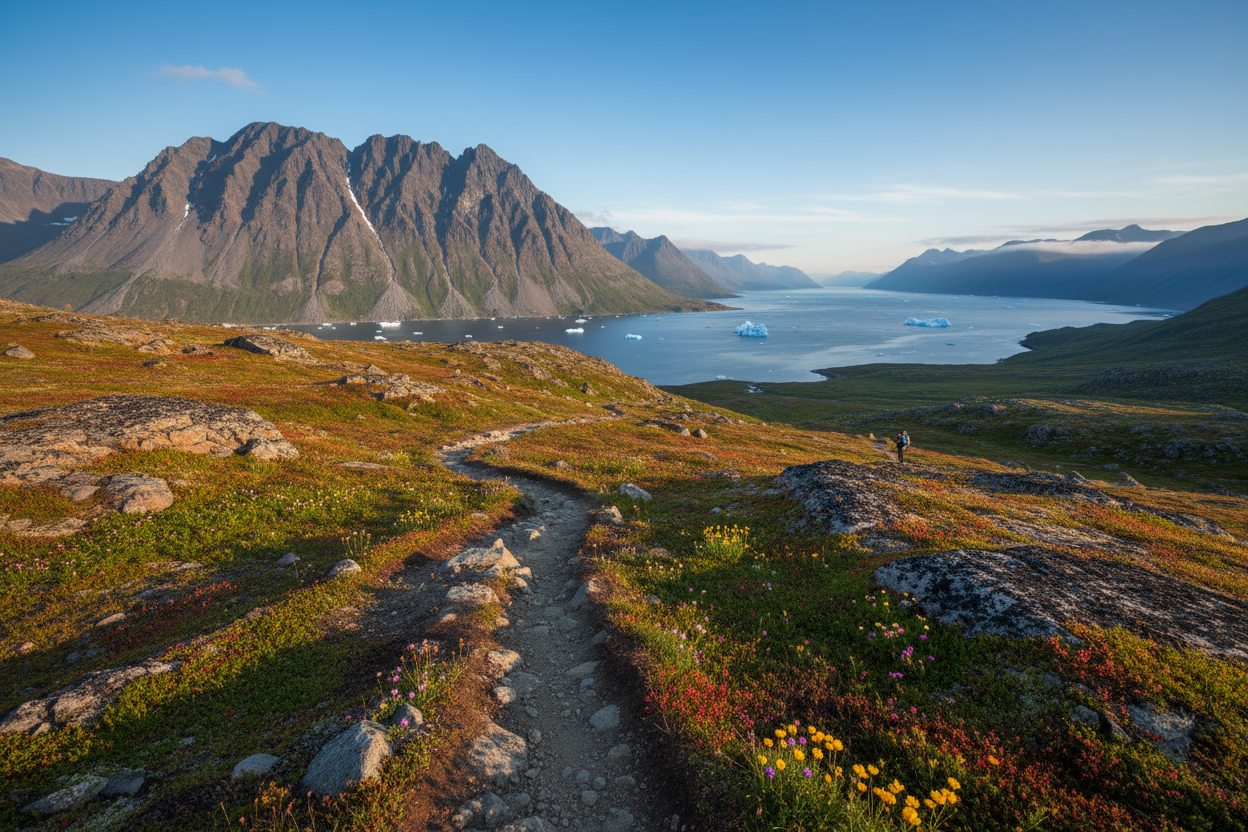 Scenic view of a mountain landscape with a trail leading to a fjord filled with icebergs, surrounded by rugged mountains and clear blue sky.