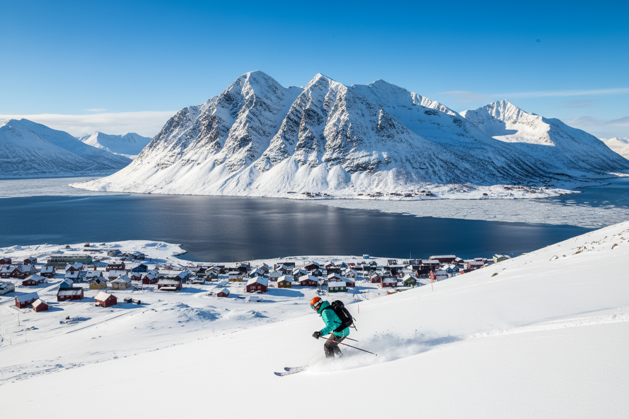 A skier in turquoise jacket and black pants skiing down a snowy slope with a village and a calm lake in the background, surrounded by snow-covered mountains under a clear blue sky.