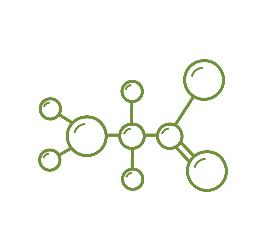 A simplifiedline drawing of a molecule with various sized circles connected by lines, colored in green.