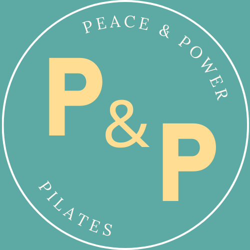 Logo with the text "Peace & Power Pilates" around the perimeter and large letters "P & P" in the center on a teal background.