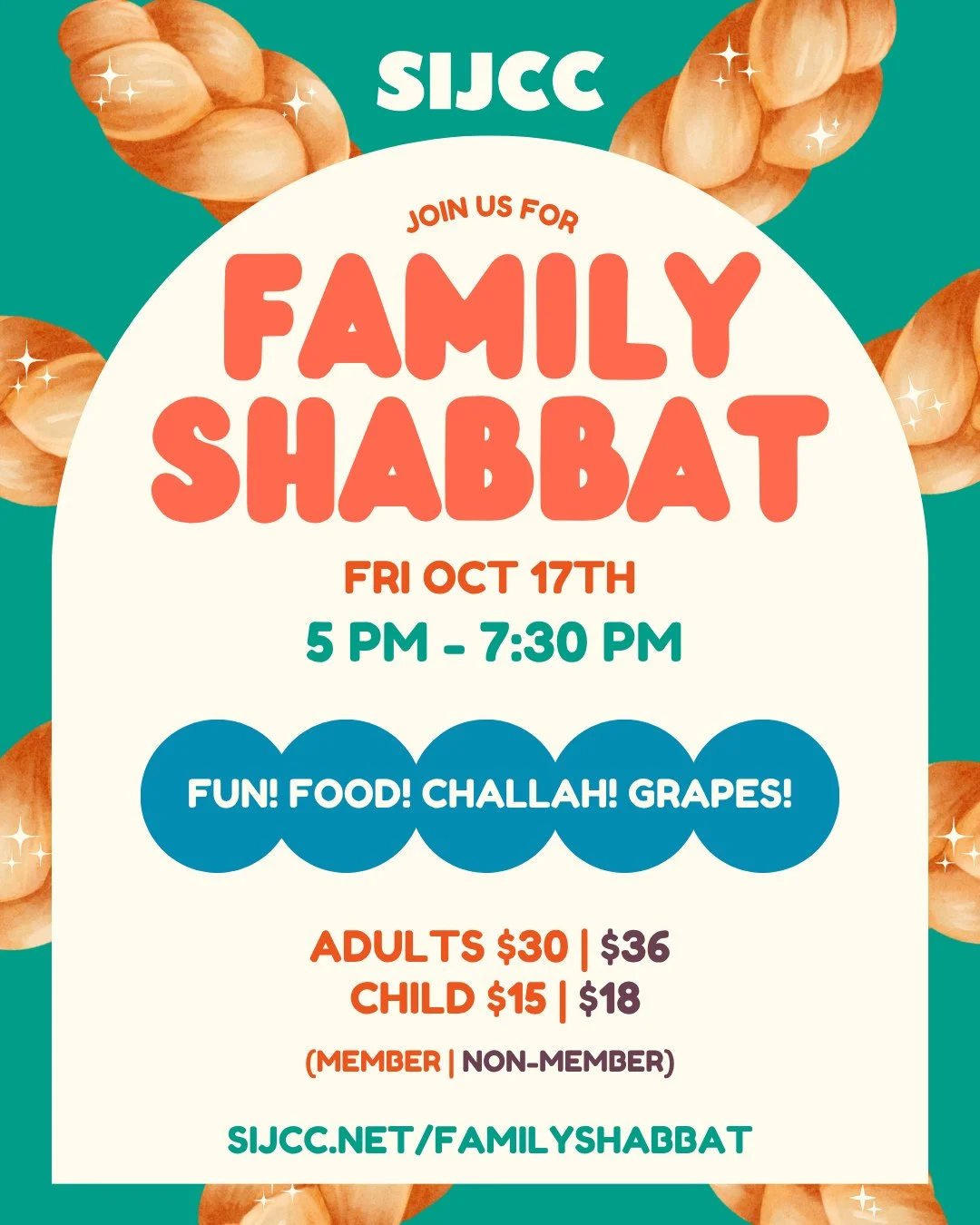 Our next Family Shabbat is Fri Oct 17th!⁠
⁠
Leave the cooking to us and join other ECE and JLC families for a community Shabbat dinner at the SIJCC.⁠
⁠
We'll light candles, bless some grapes, and eat tasty challah all before having a delicious meal a