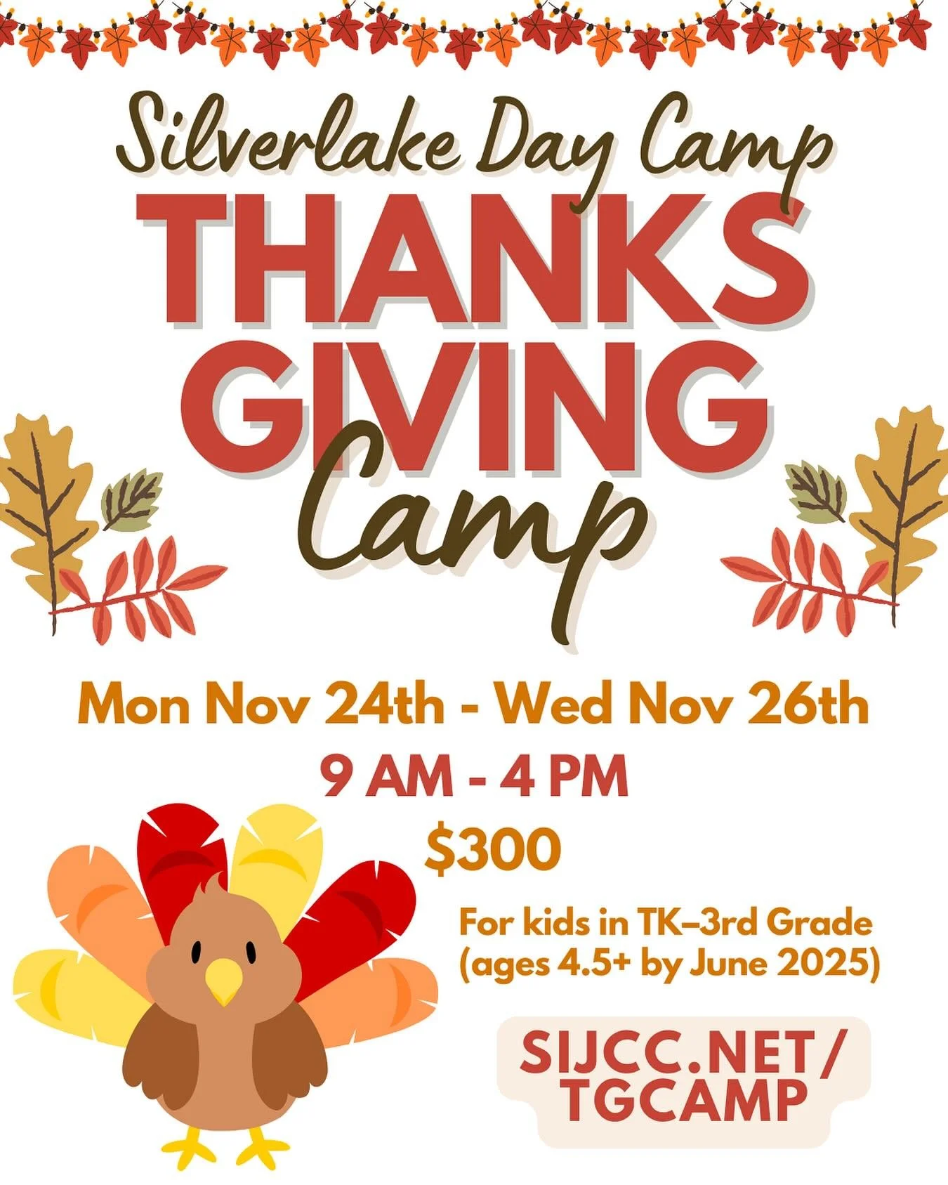 LAUSD is off all Thanksgiving week so we're offering Thanksgiving camp Mon - Wed! For kids in TK - 3rd grade, have them join our Silverlake Day Camp team for 3 days of fun! 

Learn more at sijcc.net/tgcamp 🍁