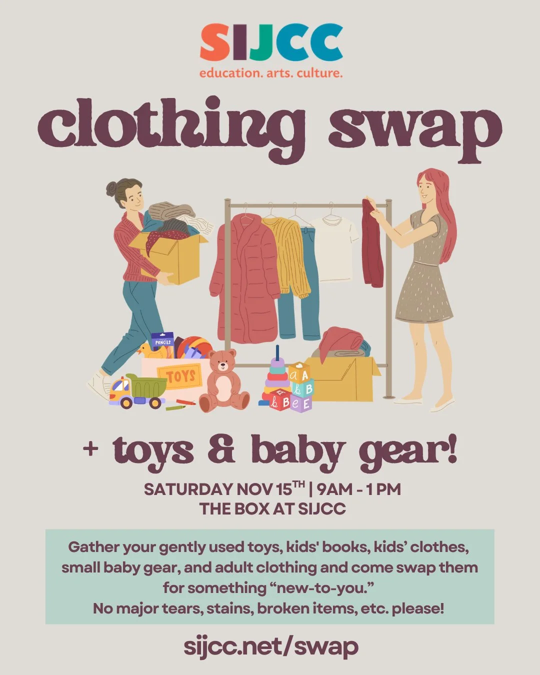 Swap, don&rsquo;t shop! Join us on Saturday, Nov 15 (9 AM&ndash;1 PM) in The Box for a morning of community and sustainability. Bring your gently used toys, clothes, kids&rsquo; books, or small baby gear and find something &ldquo;new-to-you.&rdquo;⁠
