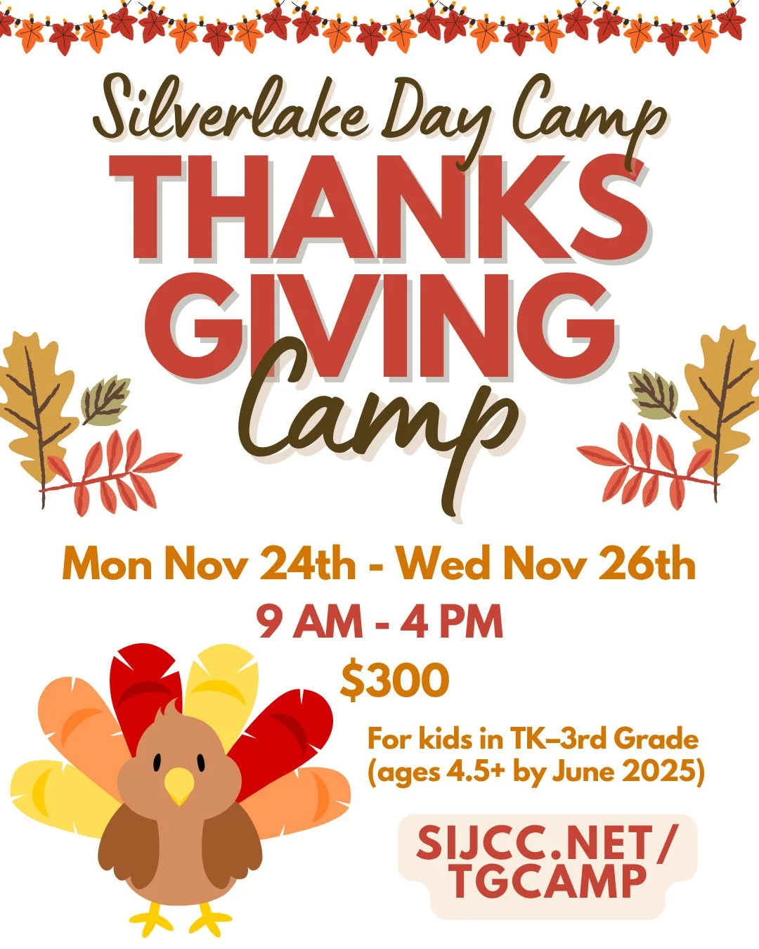 Three days of fall fun await! 🍂⁠
⁠
Thanksgiving Camp at Silverlake Day Camp is open to campers entering TK/K&ndash;3rd Grade. Three days of games, crafts, and autumn adventures!⁠
⁠
Register now at sijcc.net/TGCamp
