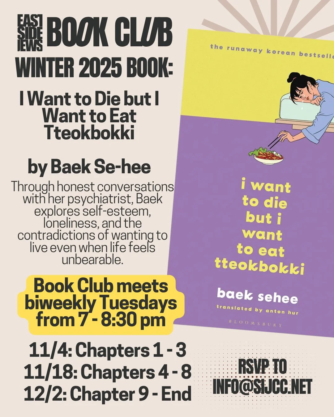 This winter&rsquo;s pick for our Young Adult Book Club: I Want to Die but I Want to Eat Tteokbokki by Baek Se-hee.⁠
⁠
Start reading now -  we&rsquo;ll cover chapters 1&ndash;3 at our next meeting on November 4! RSVP to info@sijcc.net
