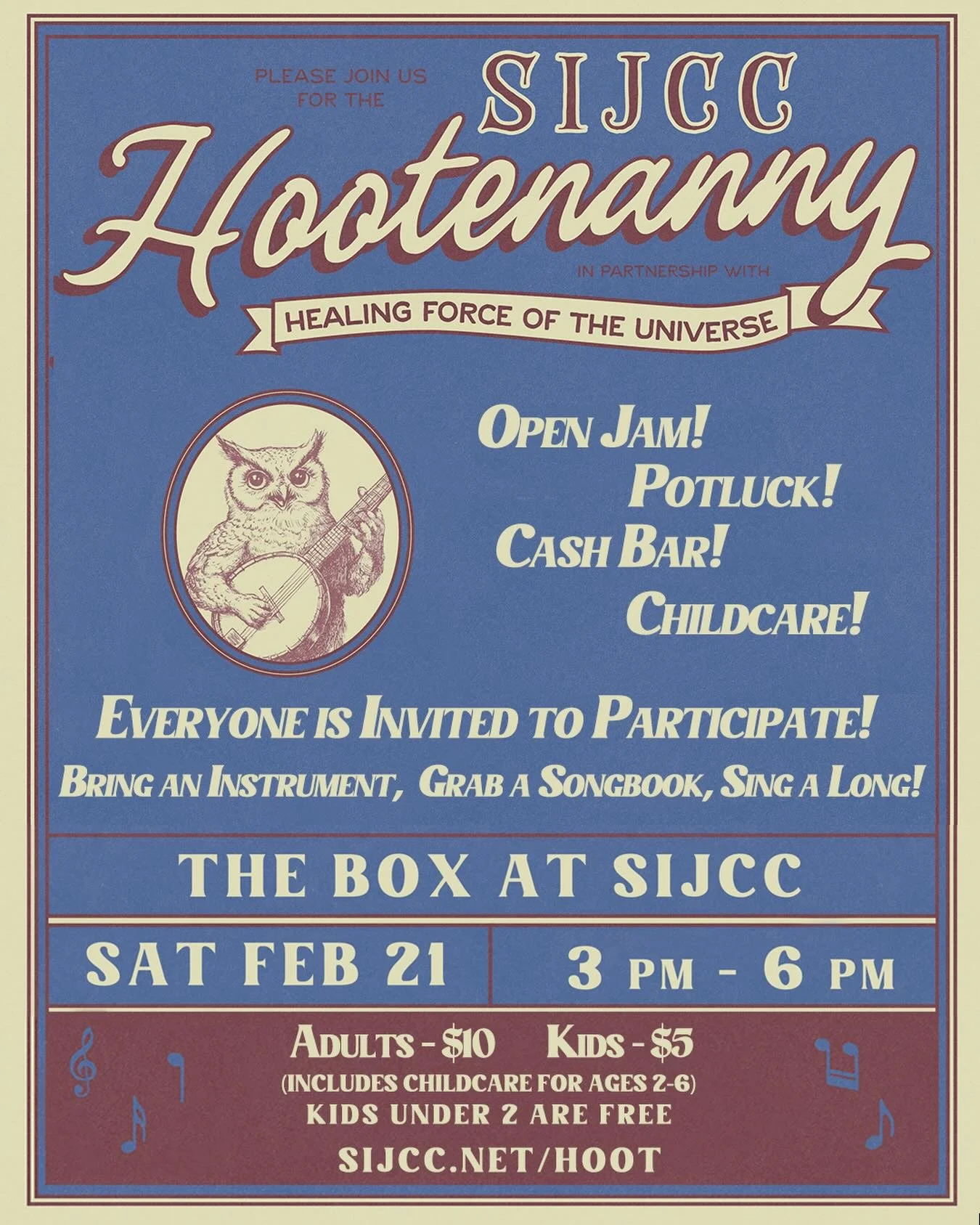 Hootenanny returns! An afternoon of music, singing, and fun. Grab your tix now at sijcc.net/hoot and jam out with us!