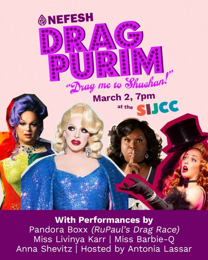 Come one, come all to the 4th annual Nefesh Drag Purim on Monday, Mar 2 at @sijcc 🪩 ⁠
⁠
A joyful, gender-unlimited night of Purim revelry with drag performances by @pandoraboxx @misslivinyakarr @missbarbieqla @anna_shevitz, campy Megillah readings, 