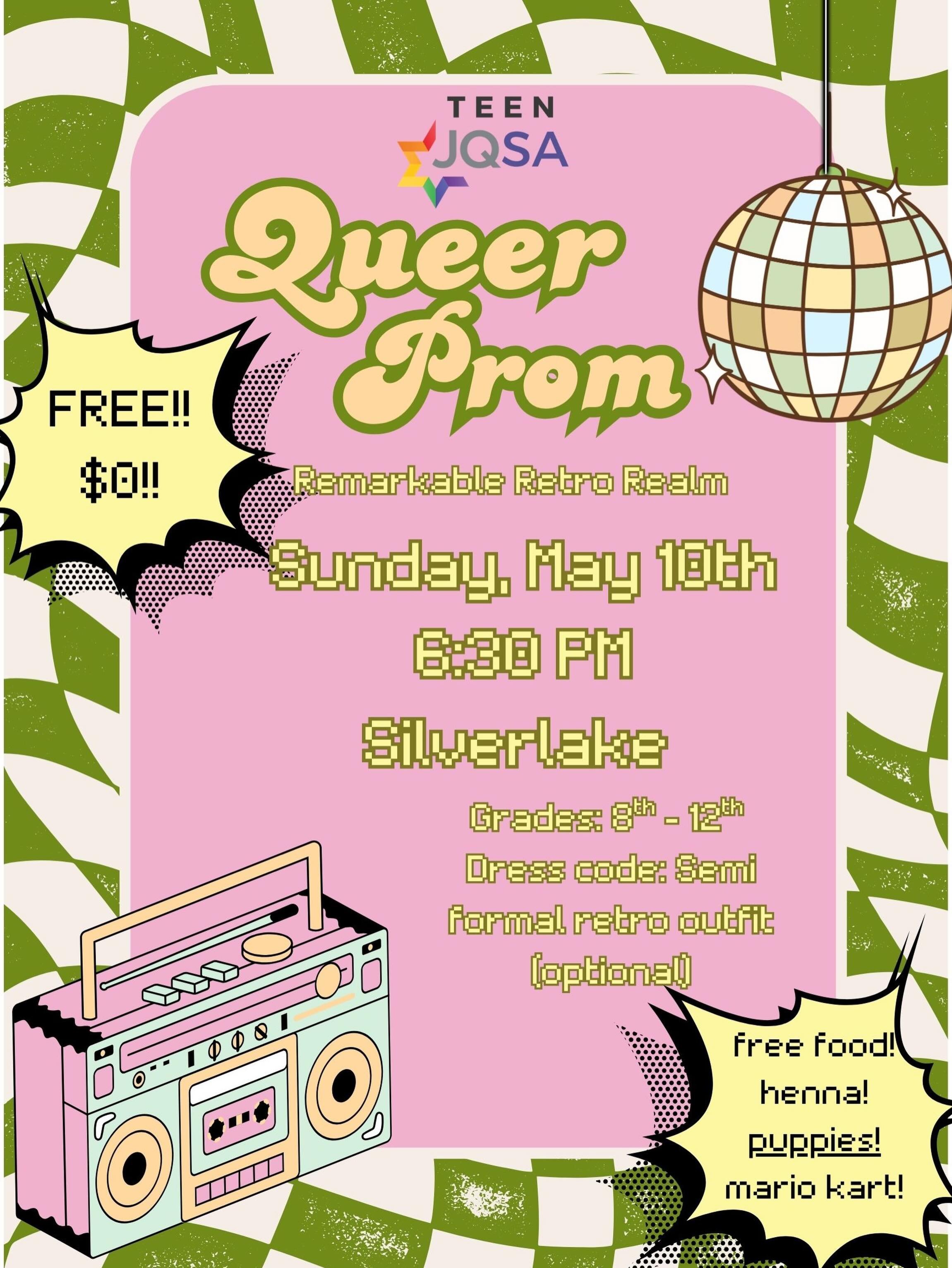 Queer Prom is back with @teenjqsa at sijcc!

This year&rsquo;s theme: Remarkable Retro Realm

Join us for a night of nostalgia, community, and celebration. We&rsquo;re bringing back puppies, video games, and more.

Sunday May 10th
6:30 PM
Grades 8&nd