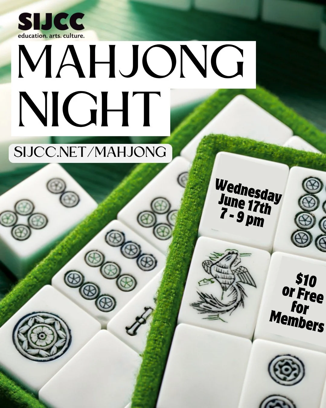 Join us for our monthly American Mahjong night! Just $10 or free for SIJCC members!⁠
⁠
Grab a spot at sijcc.net/mahjong