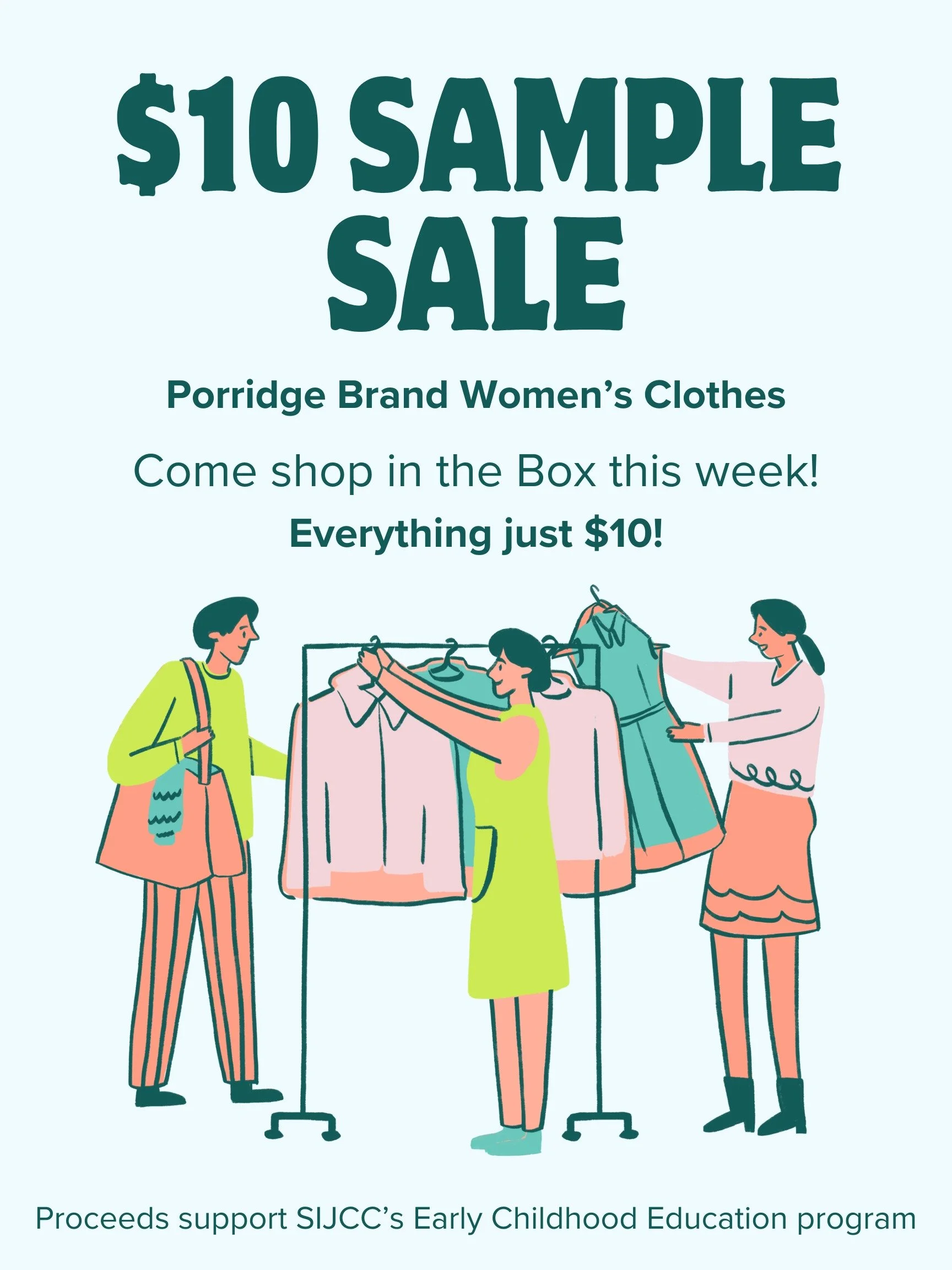 Support the ECE and snag a cute new top at the same time!

Starting Monday, we're hosting a sample sale in the Box featuring women's clothing from Porridge. Stop by, shop great deals, and support the ECE while you're at it.