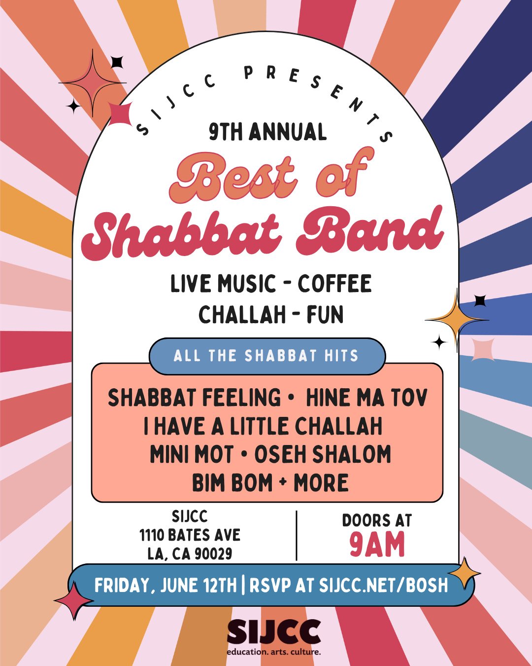 Tomorrow in the courtyard, it's the 9th Best of Shabbat Band 🎶⁠
⁠
Sing your favorite Shabbat tunes with SIJCC friends and alumni, plus coffee and treats to keep it cozy.⁠
⁠
RSVP so we know you&rsquo;re coming: SIJCC.net/bosh