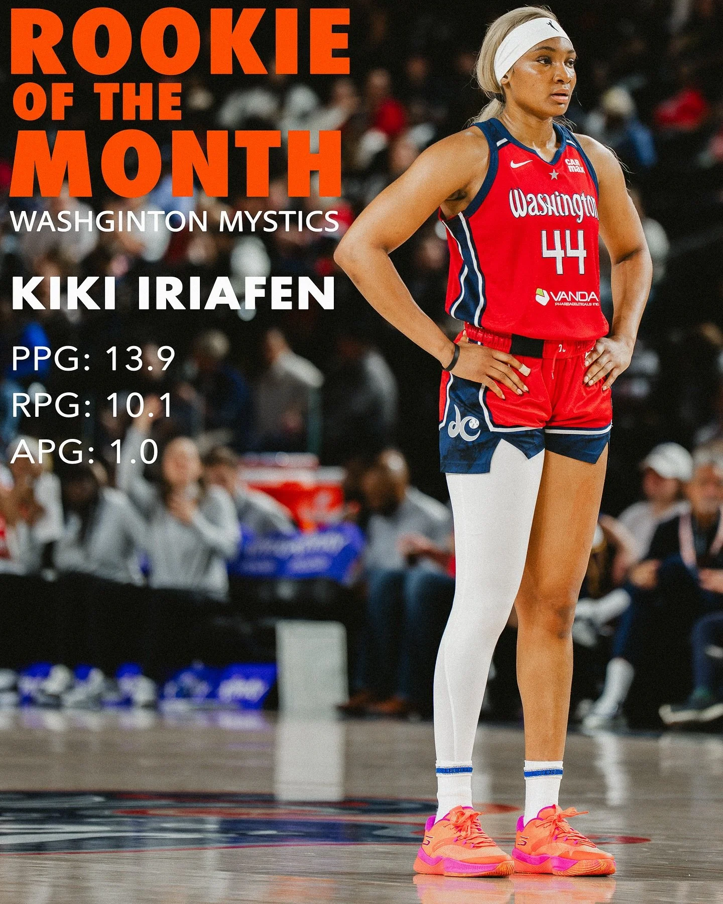 Washington Mystics forward Kiki Iriafen has been named the Kia WNBA Rookie of the Month for games played in May.

Kiki Iriafen has burst onto the WNBA scene with the poise of a veteran and the energy of a rising star. Averaging 13.9 points, 10.1 rebo