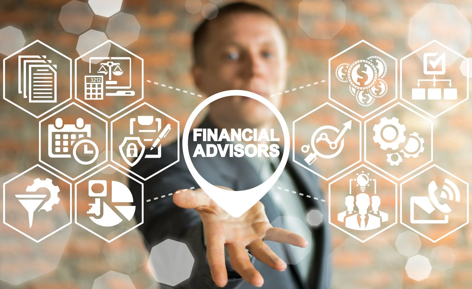 Business person pointing at virtual hologram labeled 'Financial Advisors' with various financial icons surrounding it, including documents, calculator, scales, dollar signs, gears, pie chart, and phone.
