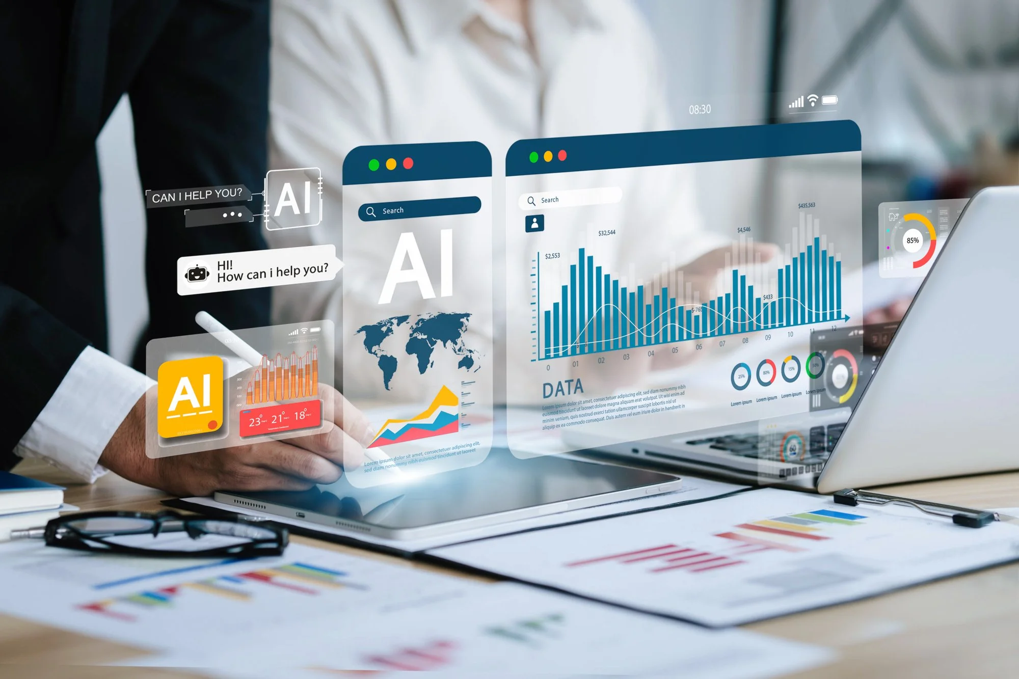 Business professional working at a desk with digital screens displaying AI, data graphs, and charts.