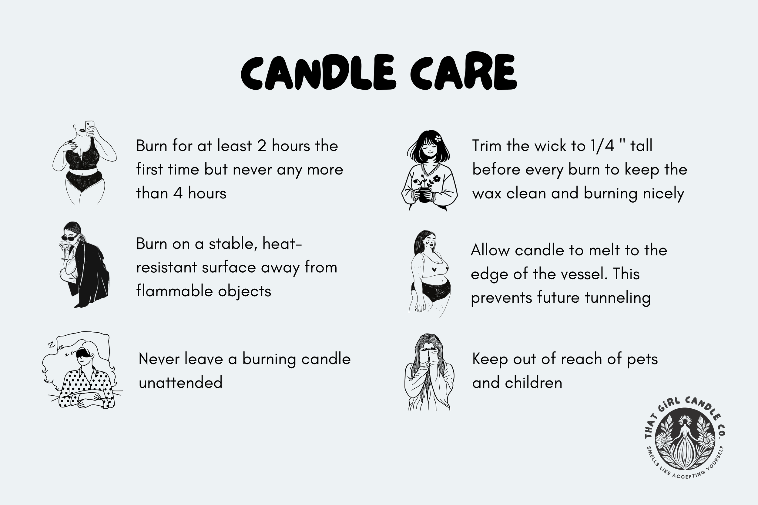 Infographic titled 'CANDLE CARE' with six illustrated tips on candle safety. The tips include: 1. Burn for at least 2 hours but no more than 4 hours. 2. Burn on a heat-resistant surface away from flammable objects. 3. Never leave a candle unattended. 4. Trim the wick to ¼ inch before each burn. 5. Allow the candle to melt to the edge of the vessel to prevent tunneling. 6. Keep out of reach of pets and children. The infographic features black and white illustrations of people and a logo that reads 'That Girl Candle Co' with a floral design.