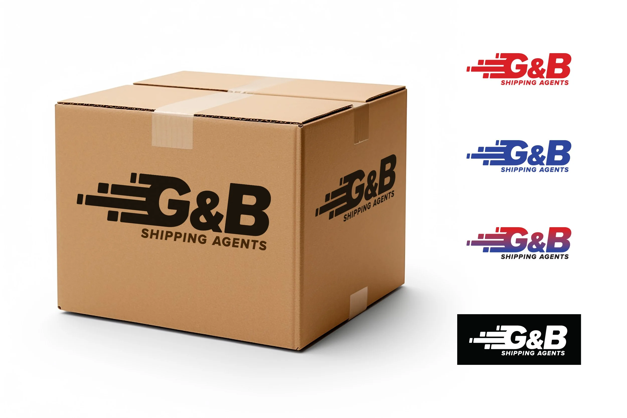 A cardboard shipping box with the G&B Shipping Agents logo printed on it, and four variations of the same logo in different colors to the right of the box.