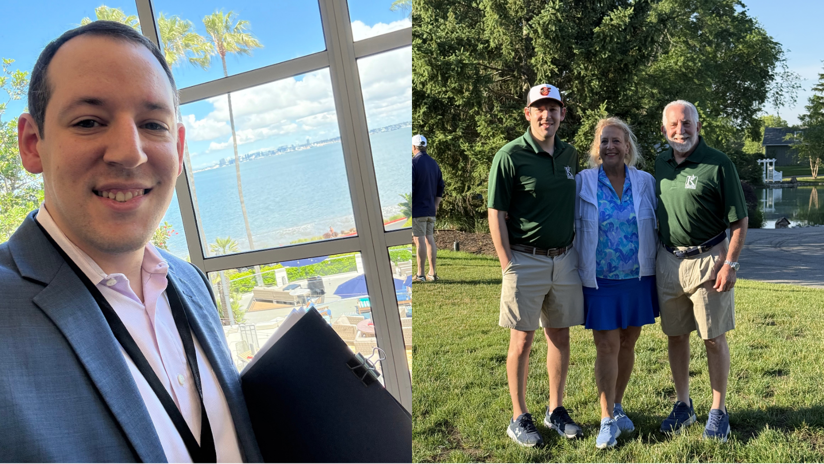 A man in a suit holding a black folder, smiling, with a city skyline and water view through large windows behind him on the left. On the right, three people standing outside by a pond or lake, smiling, with trees and a small building in the background; the two men are wearing green shirts with a logo, and the woman in the middle is wearing a blue blouse and white jacket.