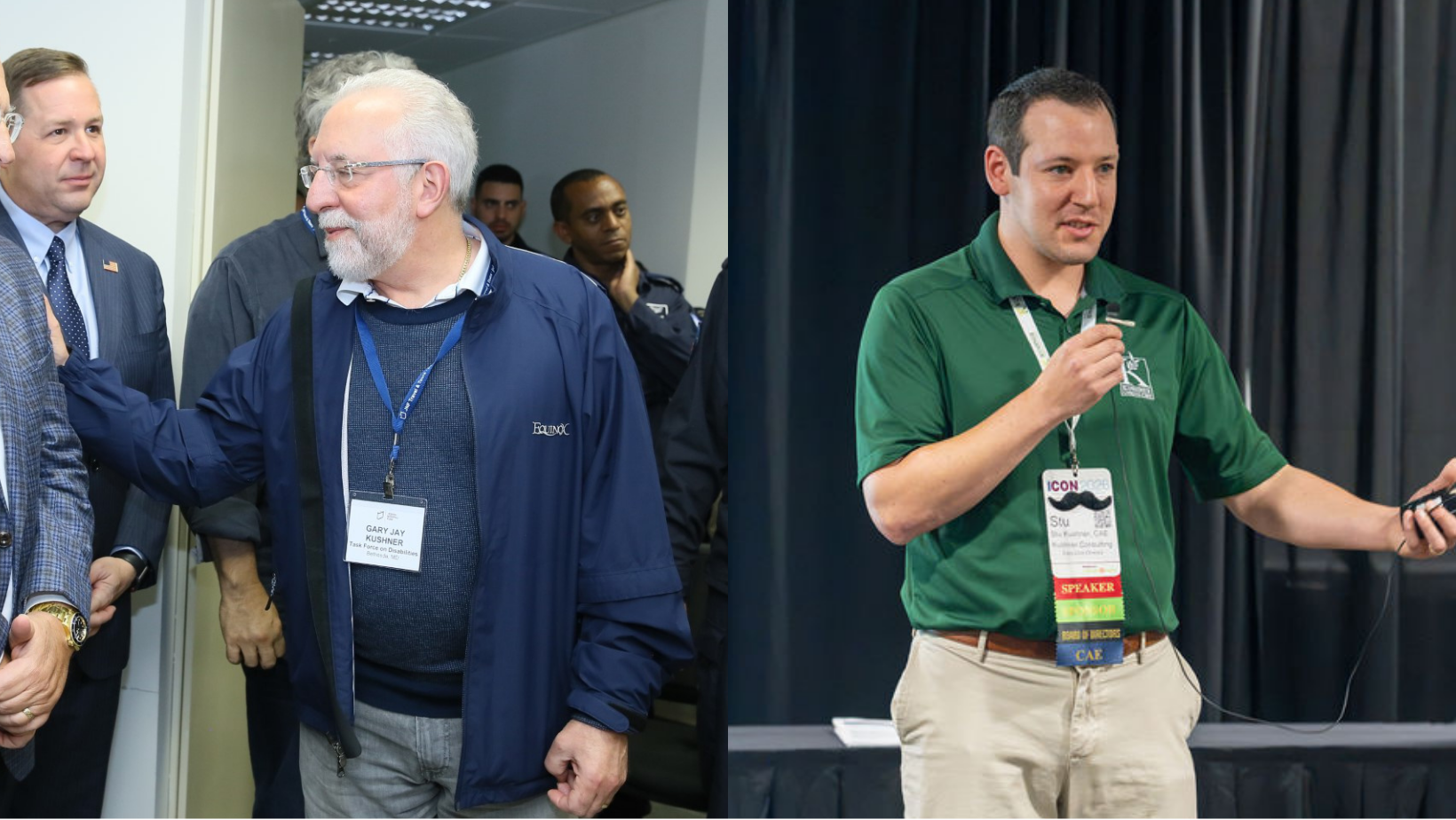 A man with white hair and glasses in a blue jacket and a man with short dark hair in a green polo shirt speaking at a conference, both wearing name tags and in front of a black curtain.