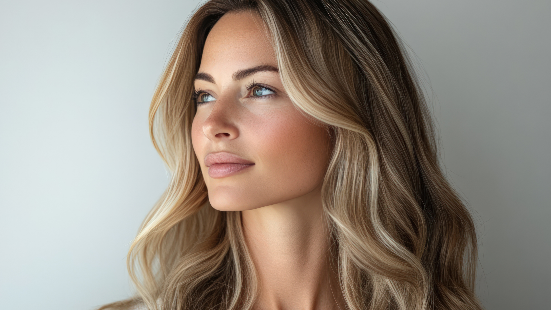 Close-up of a woman with long, wavy blonde hair, looking to the side with a neutral expression, against a plain light background.