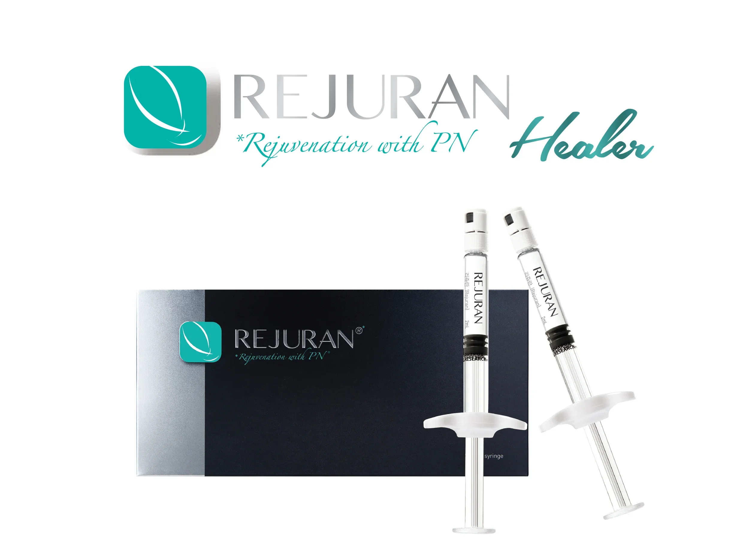 Rejuran skin rejuvenation product, with two syringes and box, branded with Rejuran logo and text 'Rejuvenation with PV'.