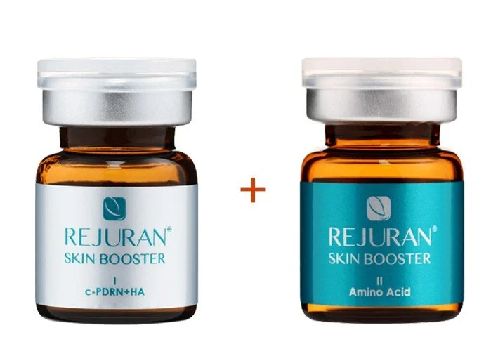 Two small brown glass bottles labeled 'Rejuran Skin Booster,' one labeled 'I' and the other 'II,' with different colored labels, and a plus sign between them.