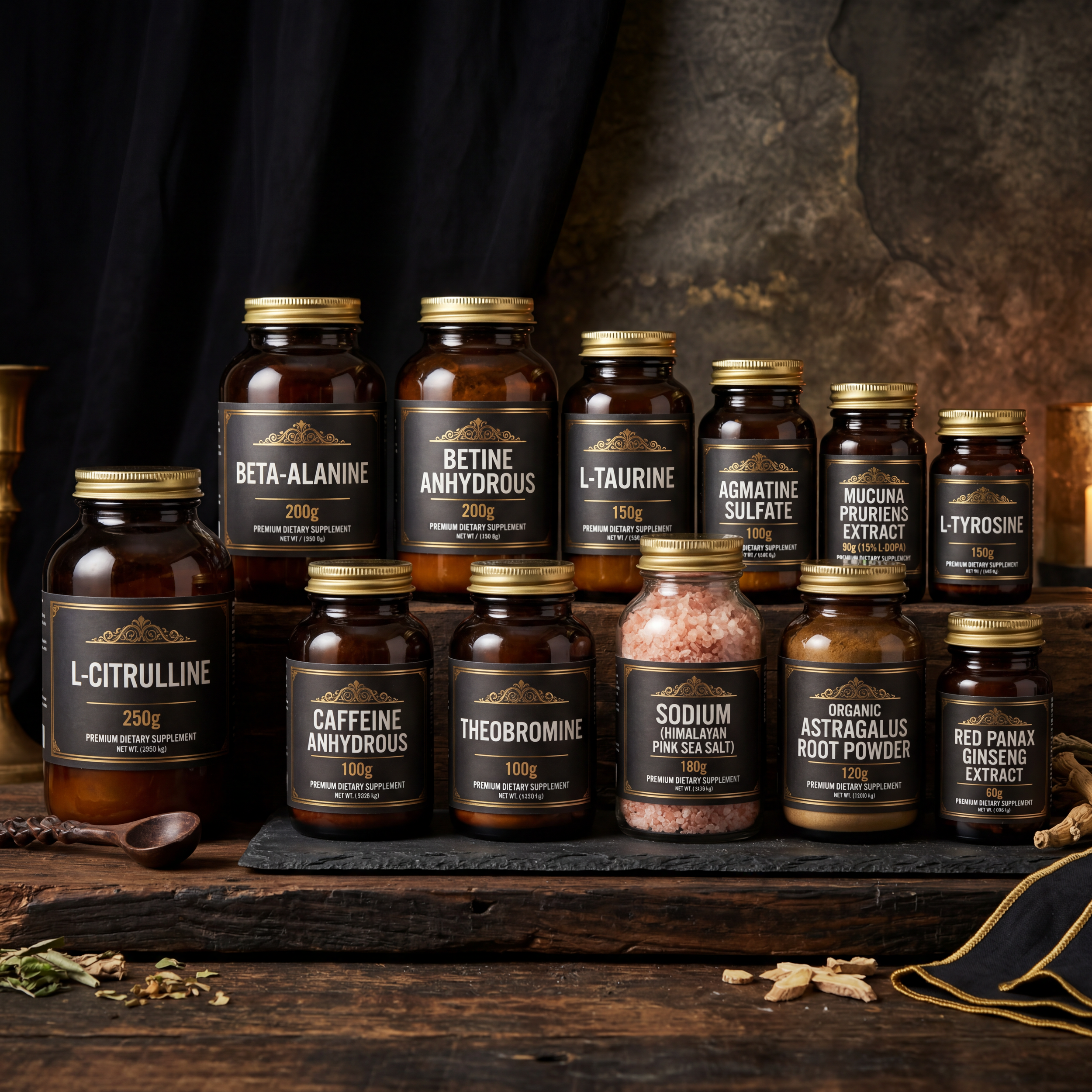 Several bottles labeled with different dietary supplement ingredients, including beta-alanine, betaine anhydrous, L-taurine, and other supplements, arranged on a wooden surface with scattered herbs and dried lemon slices in the foreground.