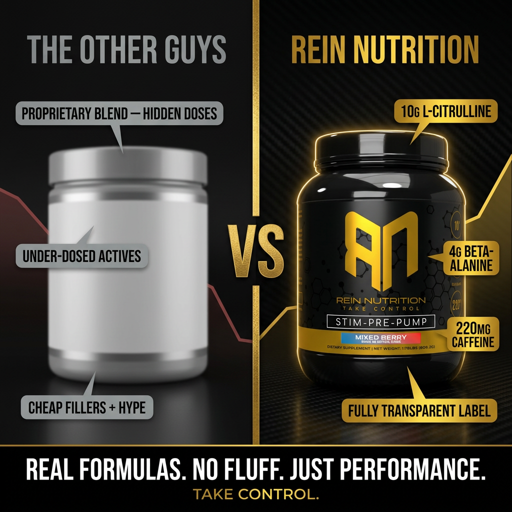 Comparison between a generic supplement container labeled 'The Other Guys' with descriptions like 'Proprietary Blend - Hidden Doses,' 'Under-Dosed Actives,' and 'Cheap Fillers + Hype,' and a black container of "Rein Nutrition" labeled 'Stim-Pre-Pump' with features such as '10g L-Citrulline,' '4g Beta-Alanine,' '220mg Caffeine,' and 'Fully Transparent Label.' The image emphasizes performance and transparency with the slogan 'Real Formulas. No Fluff. Just Performance.'