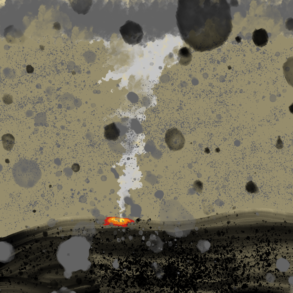 A PIT OF FIRE RISING OUT FROM THE GROUND. THE WORLD IS COATED IN A DARK ASH.