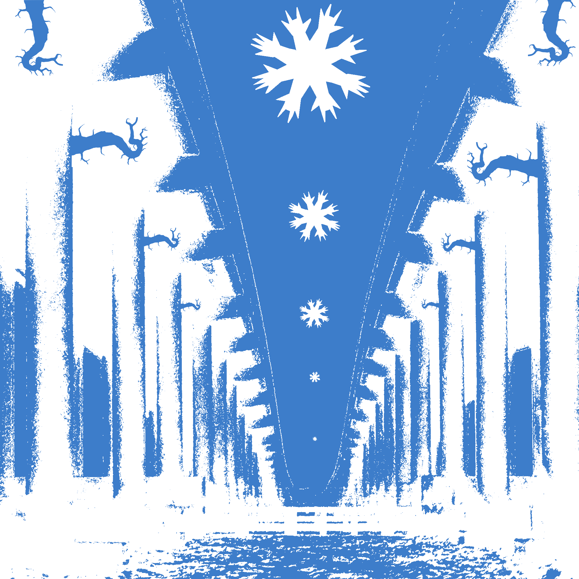 WHITE COLUMNS WITH A BLUE ACCENT ON THE SIDES. WHITE SNOWFLAKES LOOK LIFE HANDS REACHING OUT. TENDRILS OF TWIGS REACH OUT.