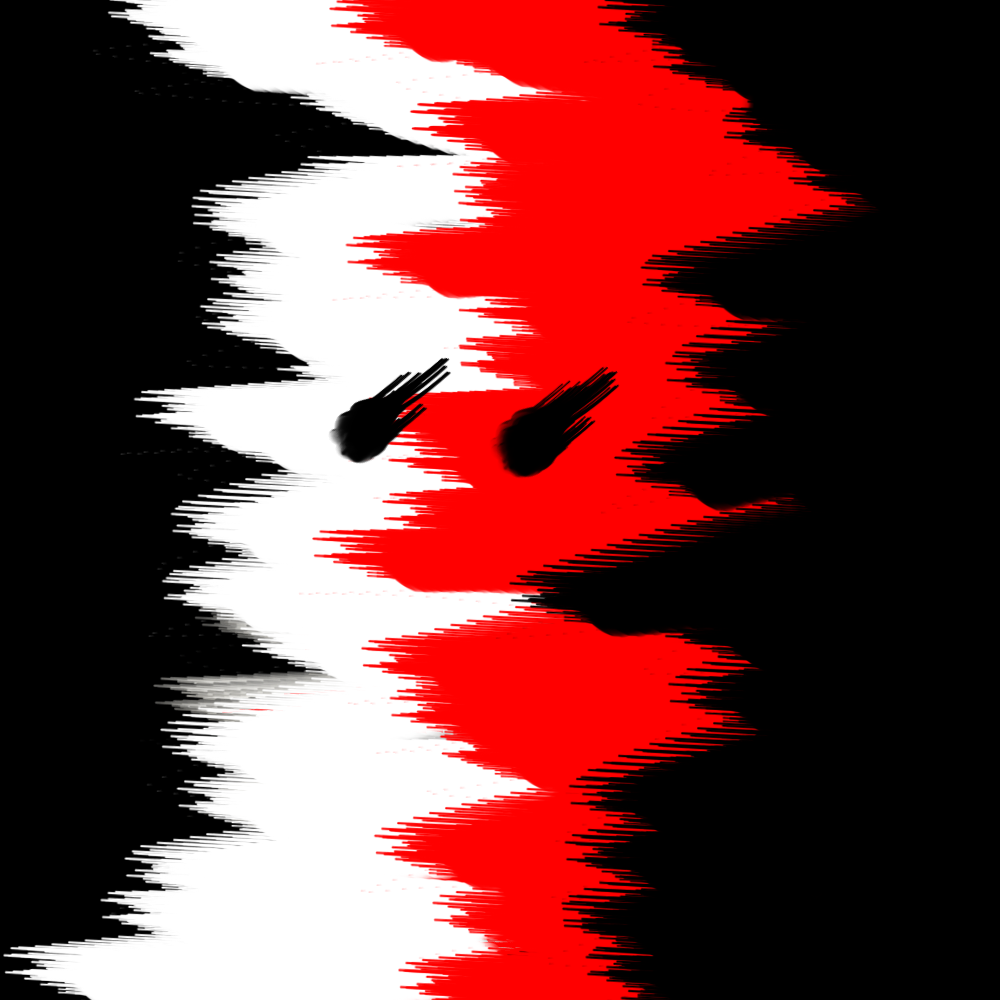 MUSIC BLASTING OUT FROM A SPEAKER. TWO EYES PEER OUT FROM THE WHITE AND RED SPIKES.
