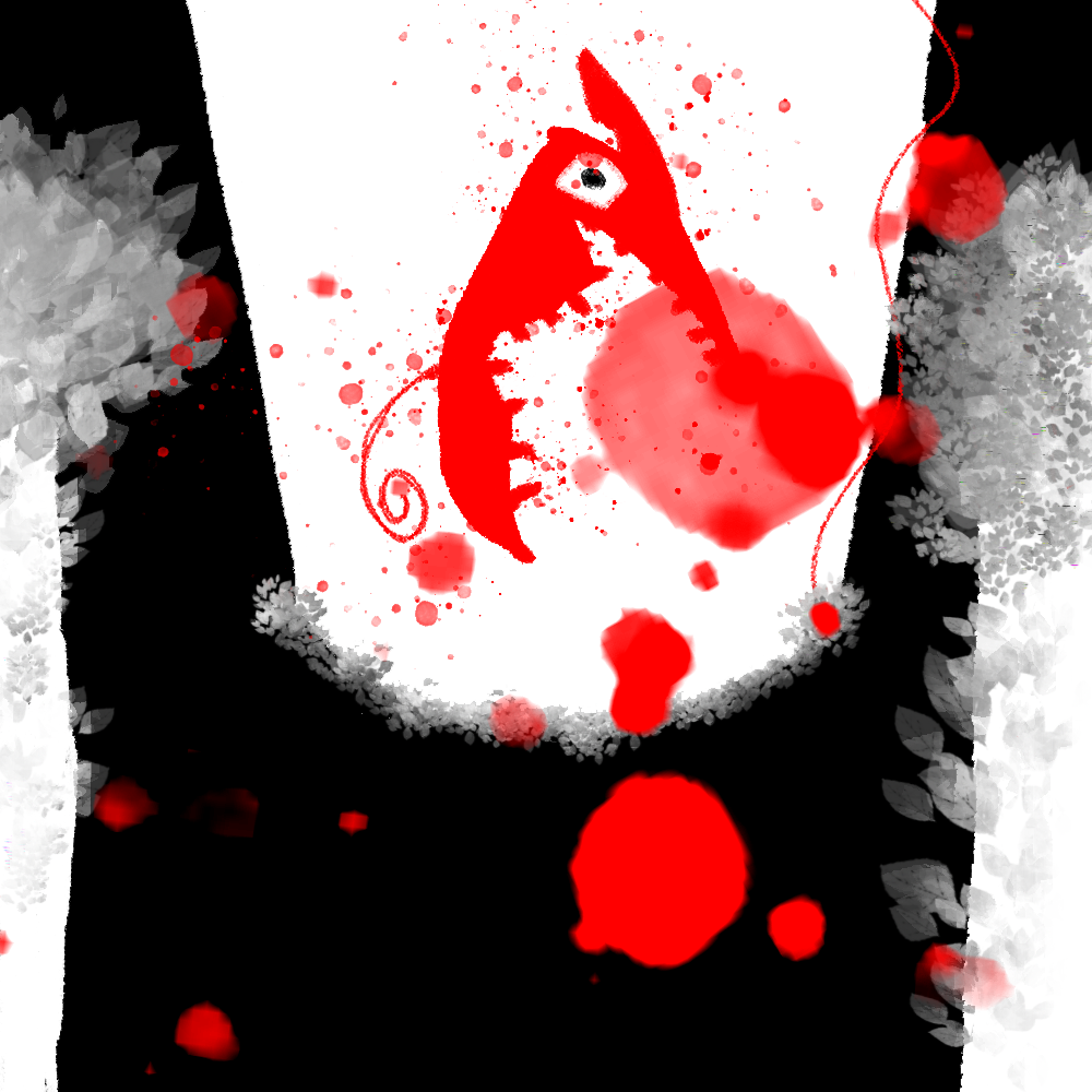 AN ABSTRACTION IN THE NIGHT RISES FROM THE WHITE POOL. TREES SURROUND THE VISAGE AND BLOOD SPLATTERS THE AREA.