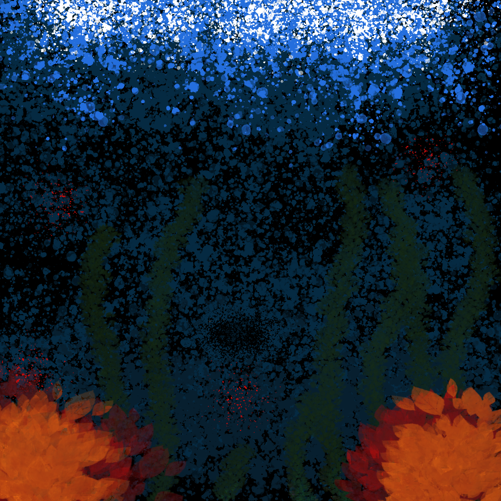 ABSTRACTION OF THE SEA. SMALL POCKETS OF FISH WITH FLOWERING SEA PLANTS ON EITHER SIDE. BUBBLING WAVES AT THE TOP OF THE FRAME.