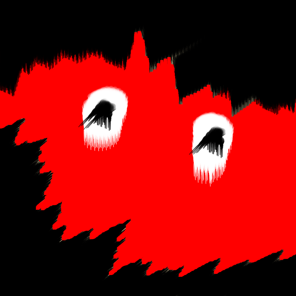 THE MAW OF A MONSTER OPENS UP. TWO PLEADING EYES PEER OUT FROM THE MOUTH.