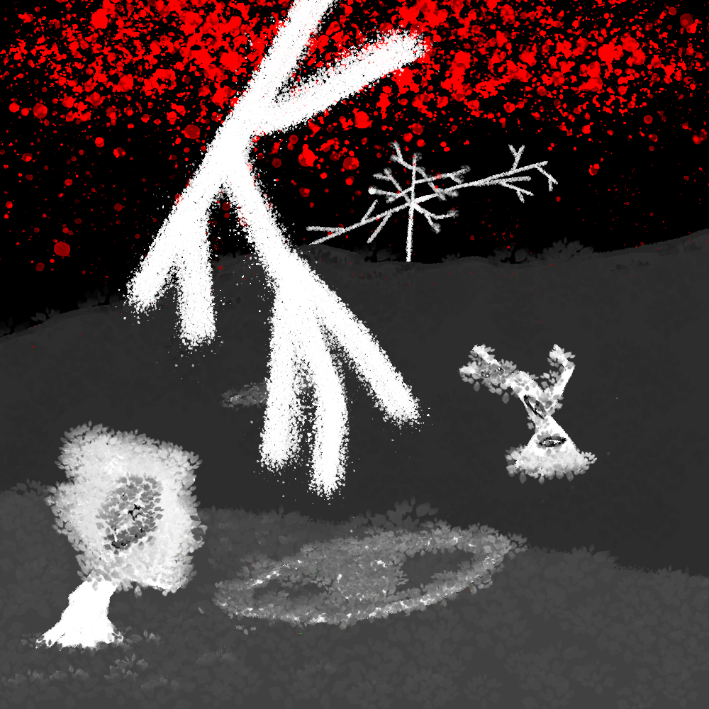 ABSTRACT WHITE TREES WITH EYES COME OUT OF THE GROUND. LIGHTNING AND BLOOD COAT THE SKY.