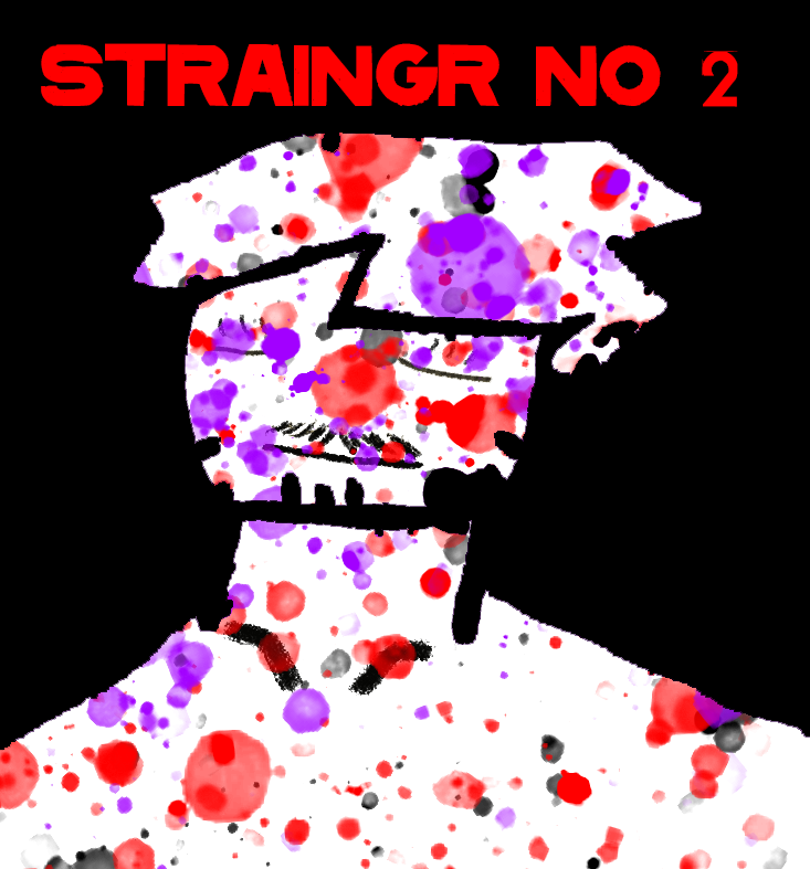 SELF POTRAIT OF STRAINGR NO. 2. RED AND PURPLE DOTS ACROSS HIS BODY.