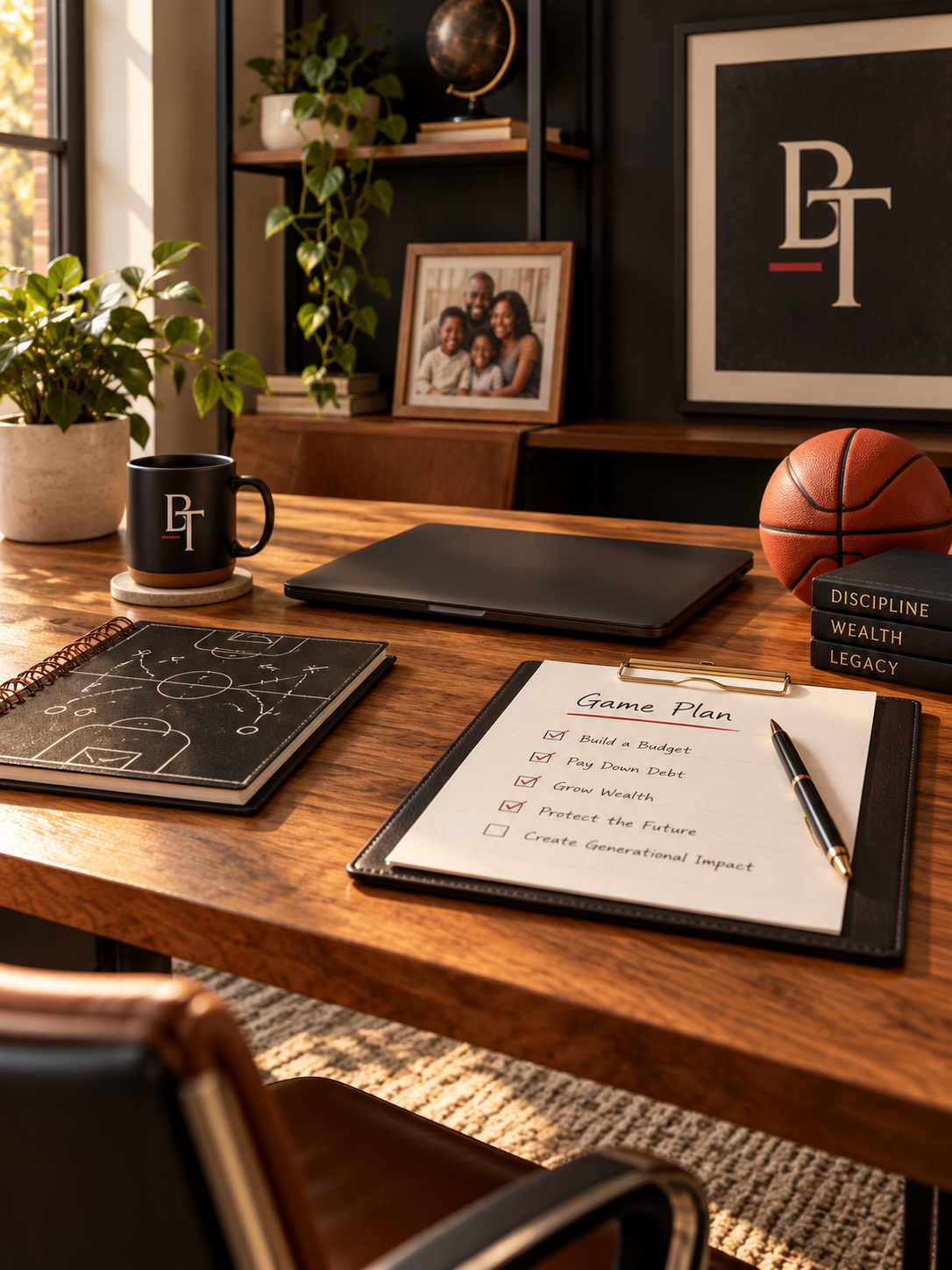 A wooden desk with a black mug, a laptop, a basketball, a game plan notepad, and books labeled 'Discipline,' 'Wealth,' and 'Legacy.' Behind the desk is a framed family photo, a plant, and shelves with books and decor in a home office setting.