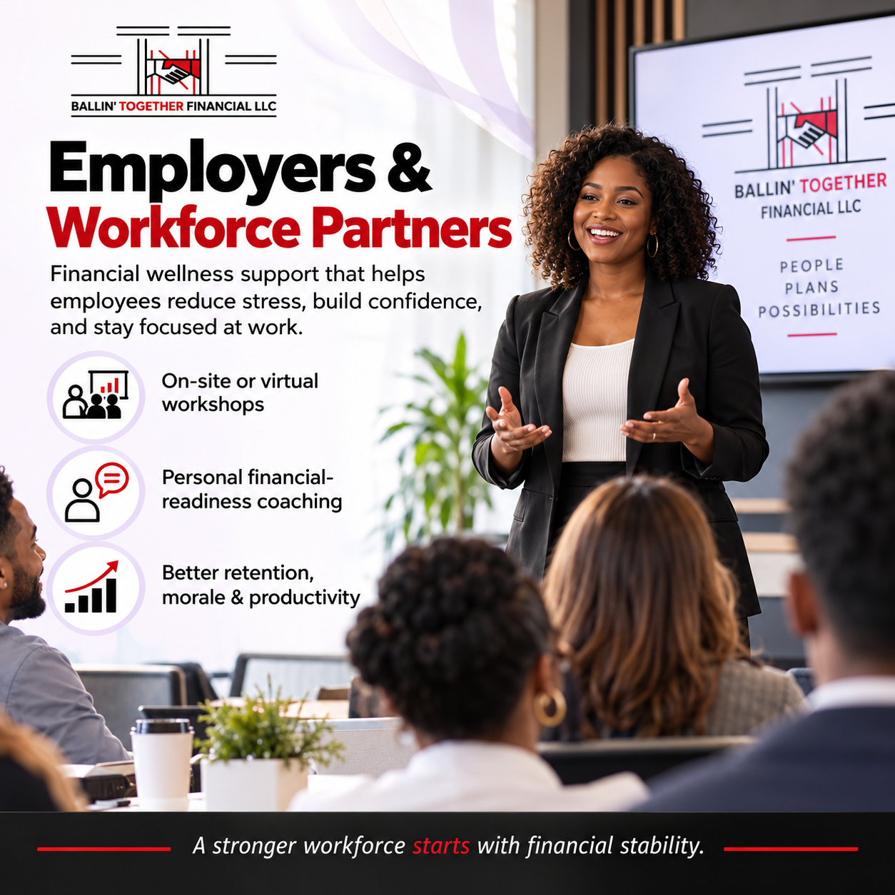 A woman giving a presentation at a workshop about financial wellness for employers and workforce partners, with a slide on the screen highlighting workshops, coaching, and retention benefits.