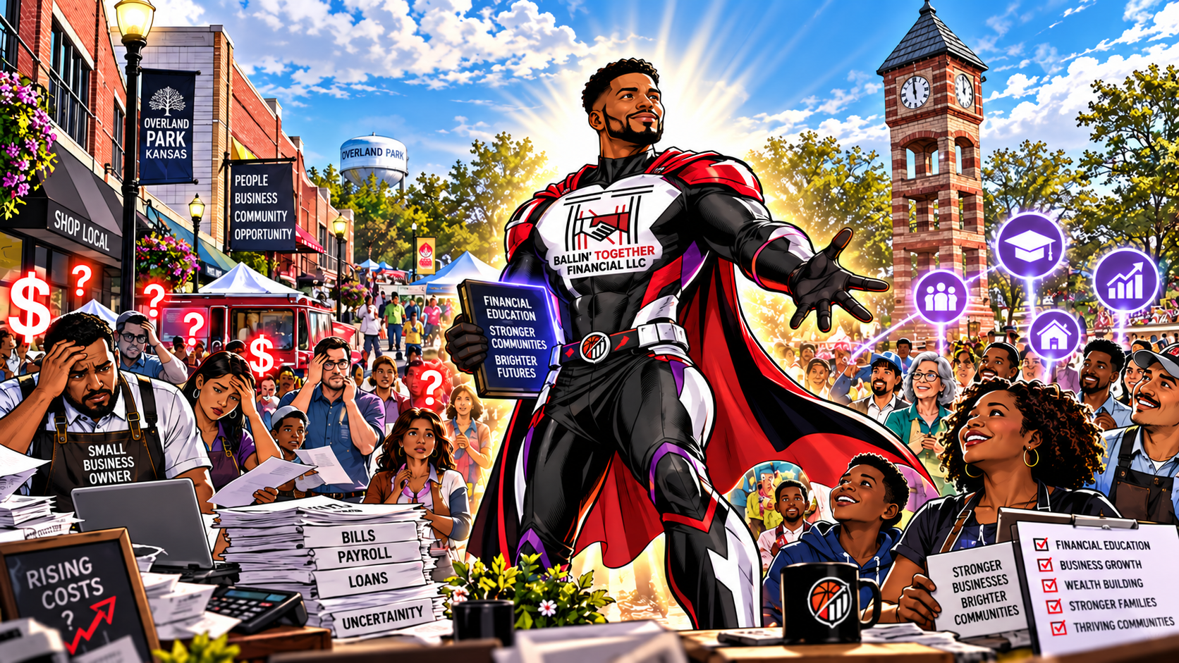 A vibrant illustration of a community rally in Overland Park, Kansas, featuring a superhero figure holding a sign that promotes financial education and stronger communities. The rally includes diverse people, some overwhelmed by financial worries, and others inspired by the hero. The scene shows various city buildings, a clock tower, and a mix of protest and celebration with positive messages and symbols of growth and opportunity.