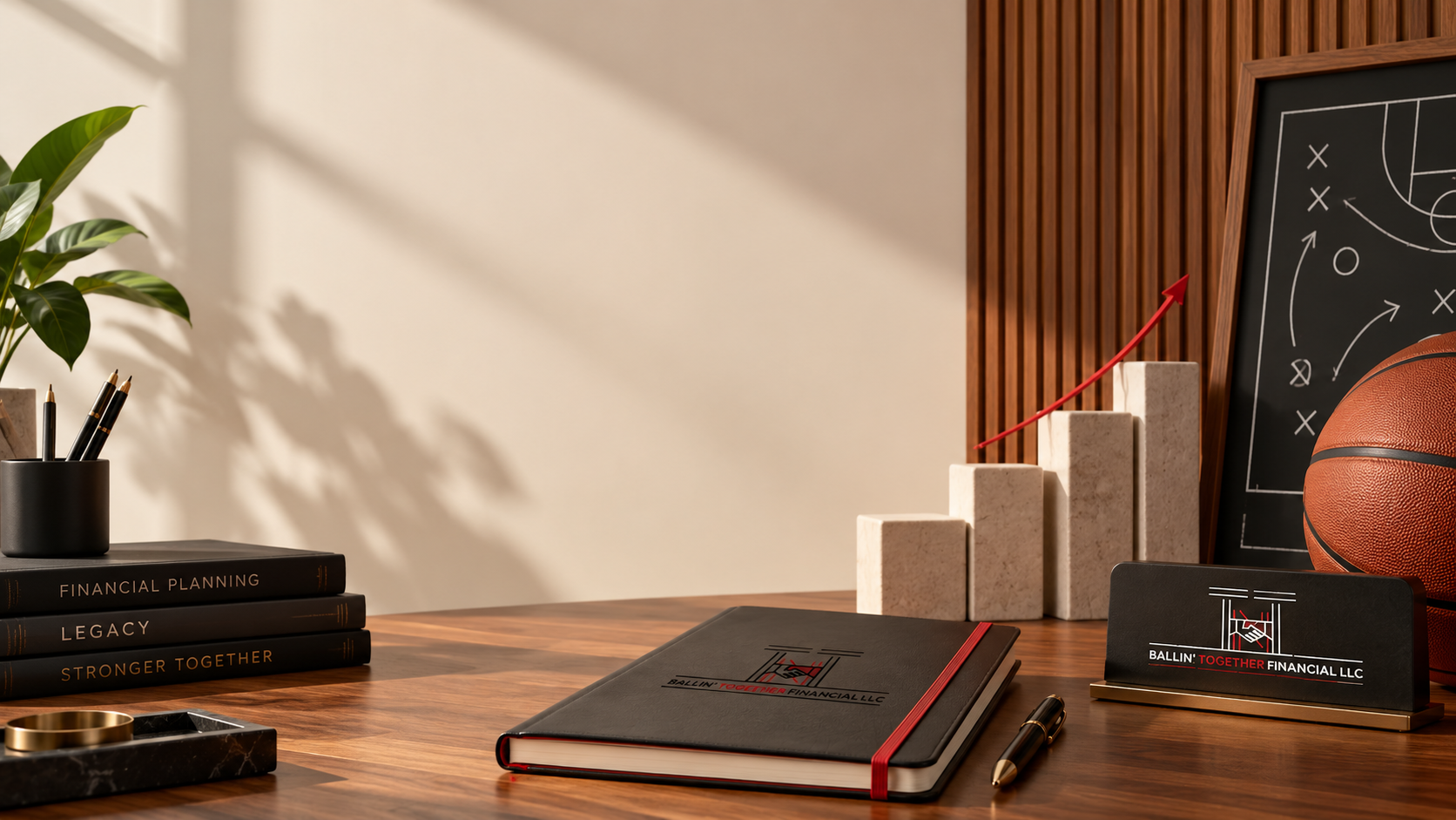Desk with office supplies, books, a potted plant, a notebook, a pen, a business card holder, a basketball, a blackboard with sports diagrams, and a rising bar graph on a white background.