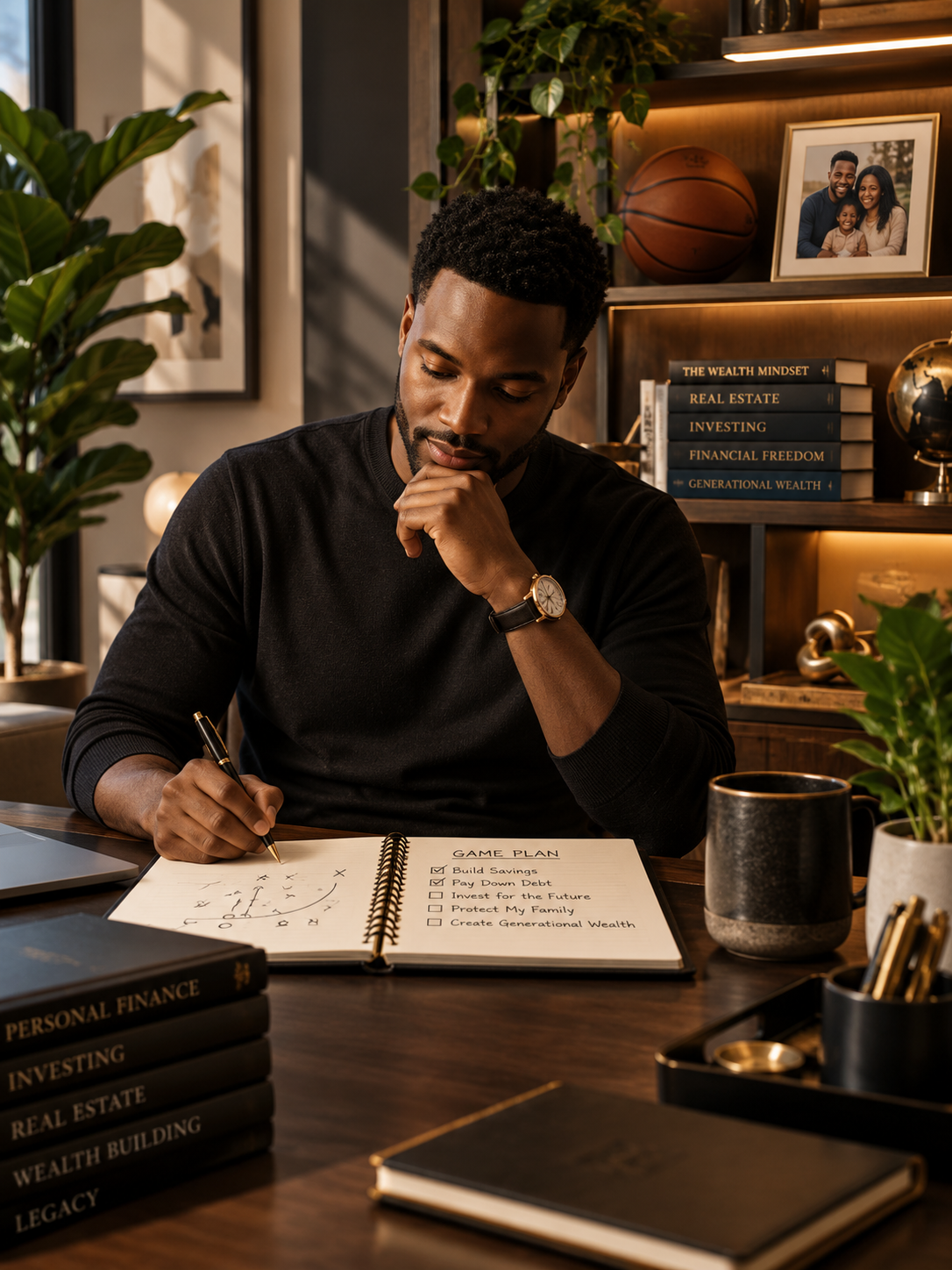 A man sits at a wooden desk, writing in a planner with a list titled 'Game Plan' including goals like building savings, paying down debt, investing, protecting family, and creating generational wealth. The desk has books on finance, a laptop, a coffee mug, and a tray with pens. Behind him are shelves with books on wealth and finance, a basketball, a framed family photo, and decorative objects, with greenery around.