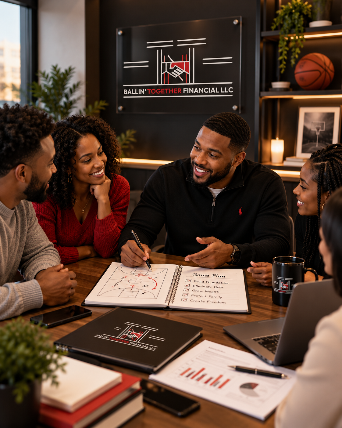A group of diverse people having a business meeting in an office with a logo for Ballin' Together Financial LLC on the wall, discussing a game plan for financial goals.