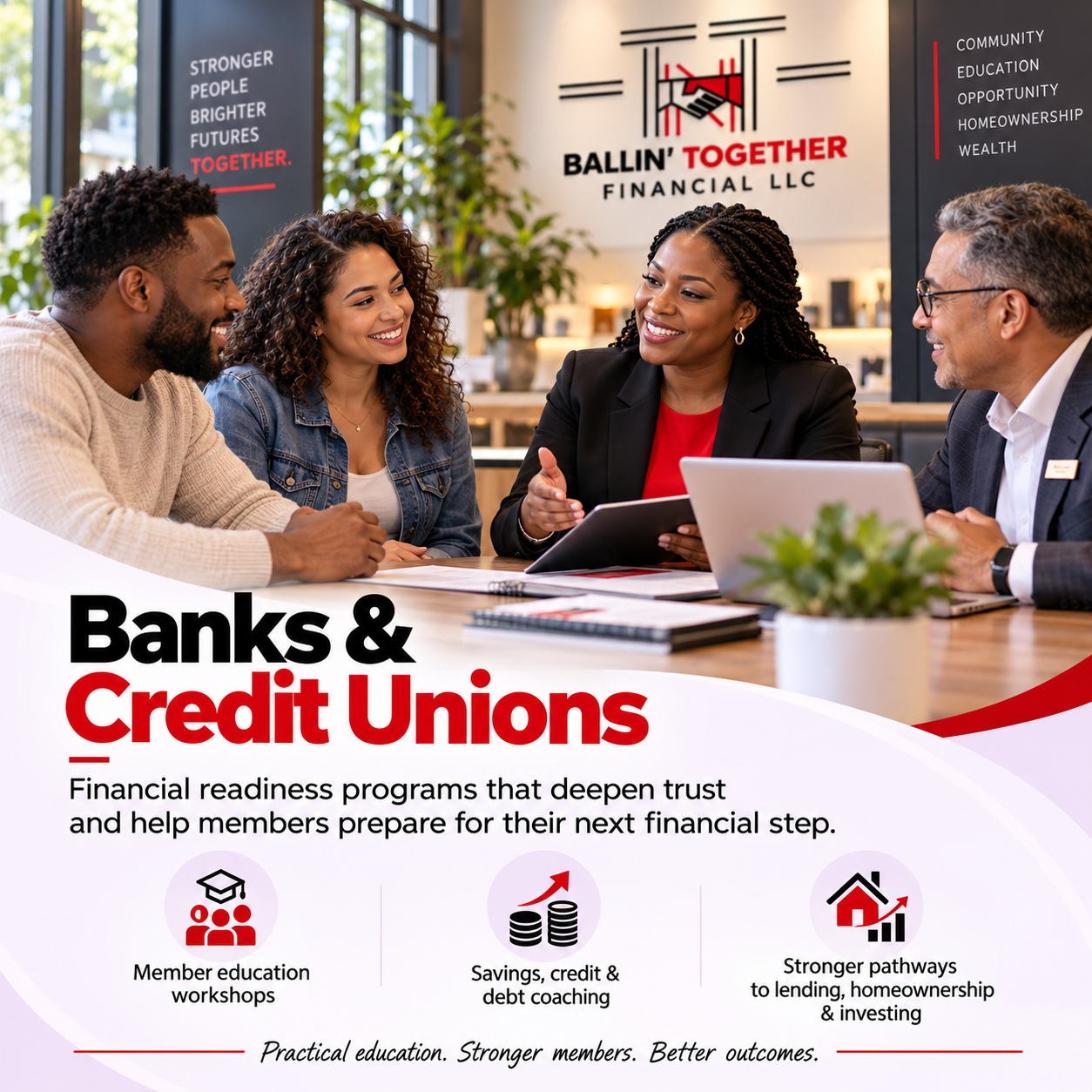 A group of five diverse people having a meeting in a modern office, with a banner in the background displaying the logo of Ballin' Together Financial LLC. The image promotes banks and credit unions, emphasizing financial education, savings, credit coaching, and pathways to homeownership.