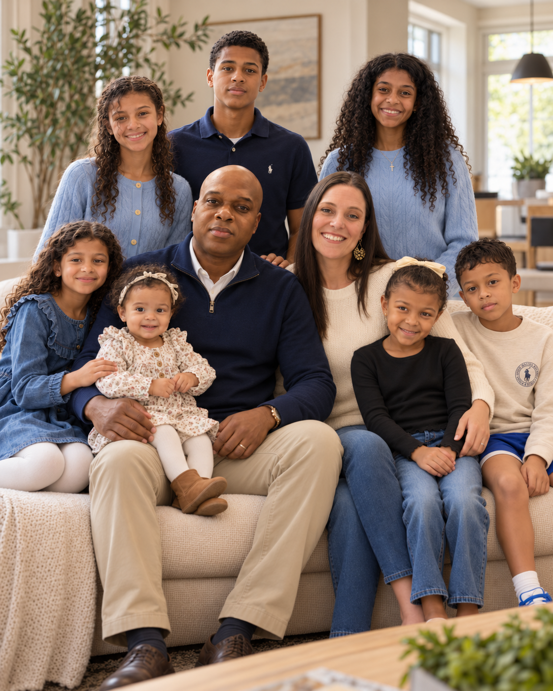 Multigenerational family gathered in living room, posing for a photo, smiling and sitting together.